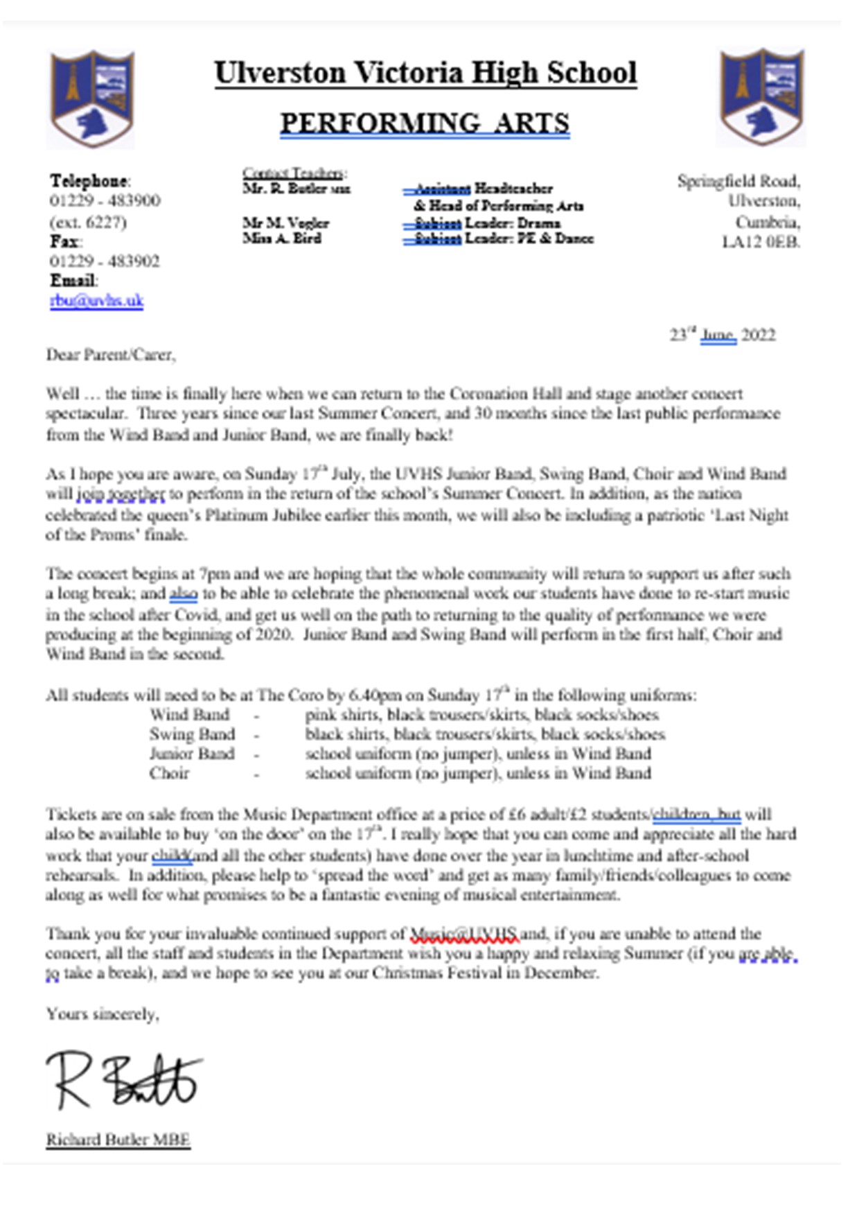 Summer Concert Letter UVHS Performing Arts